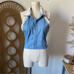 LF Furst of a Kind Denim Lace Halter Open Back Top